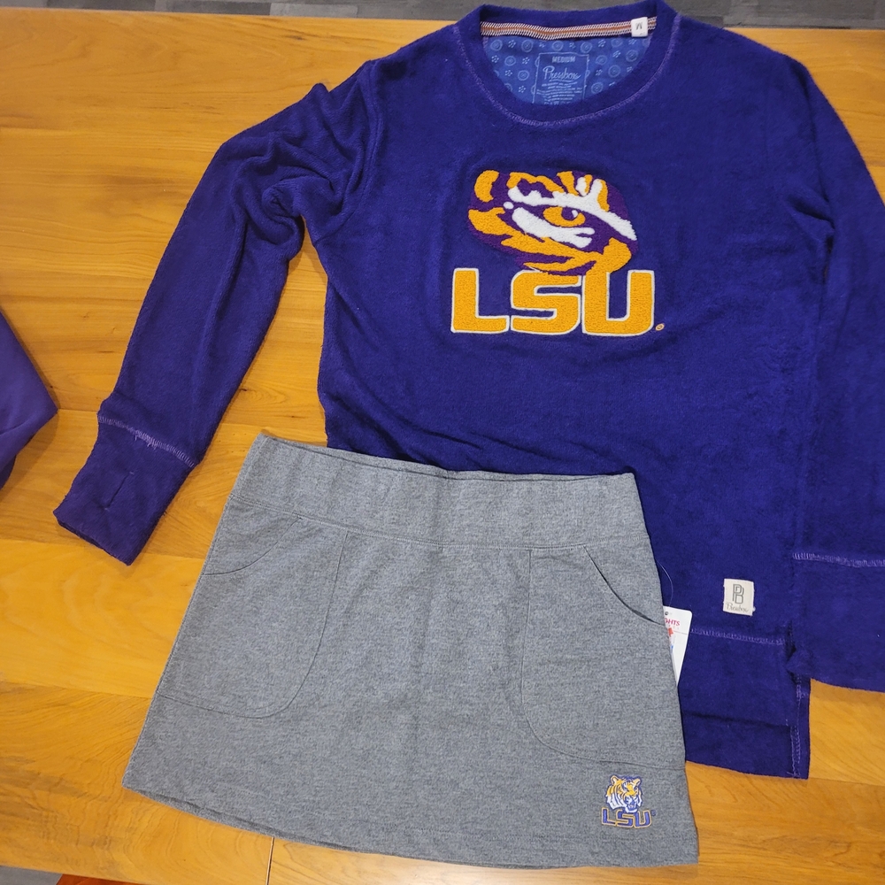 Pressbox Purple LSU Sweatshirt and Gray Skirt Set